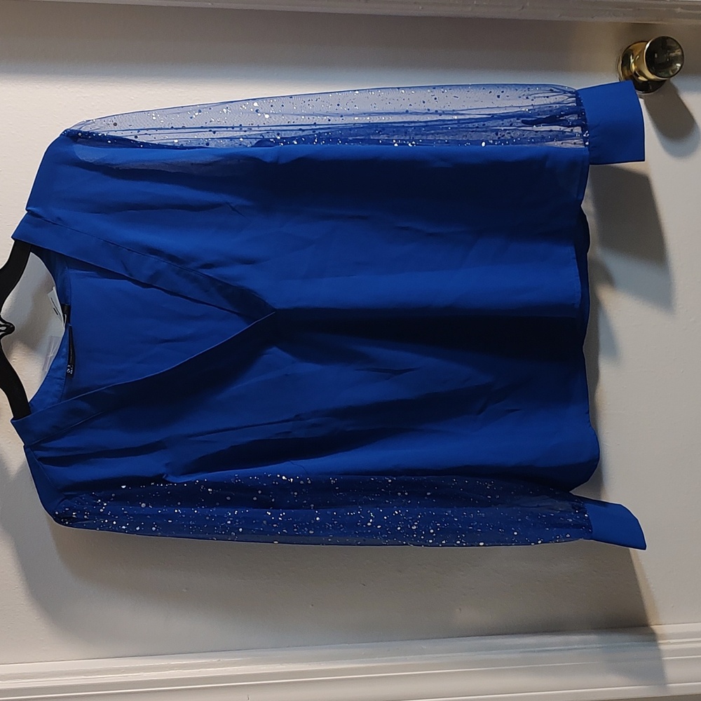 NY&C Ladies Royal Blue Top.  Sheer Sleeves With Gold Accent. Size L